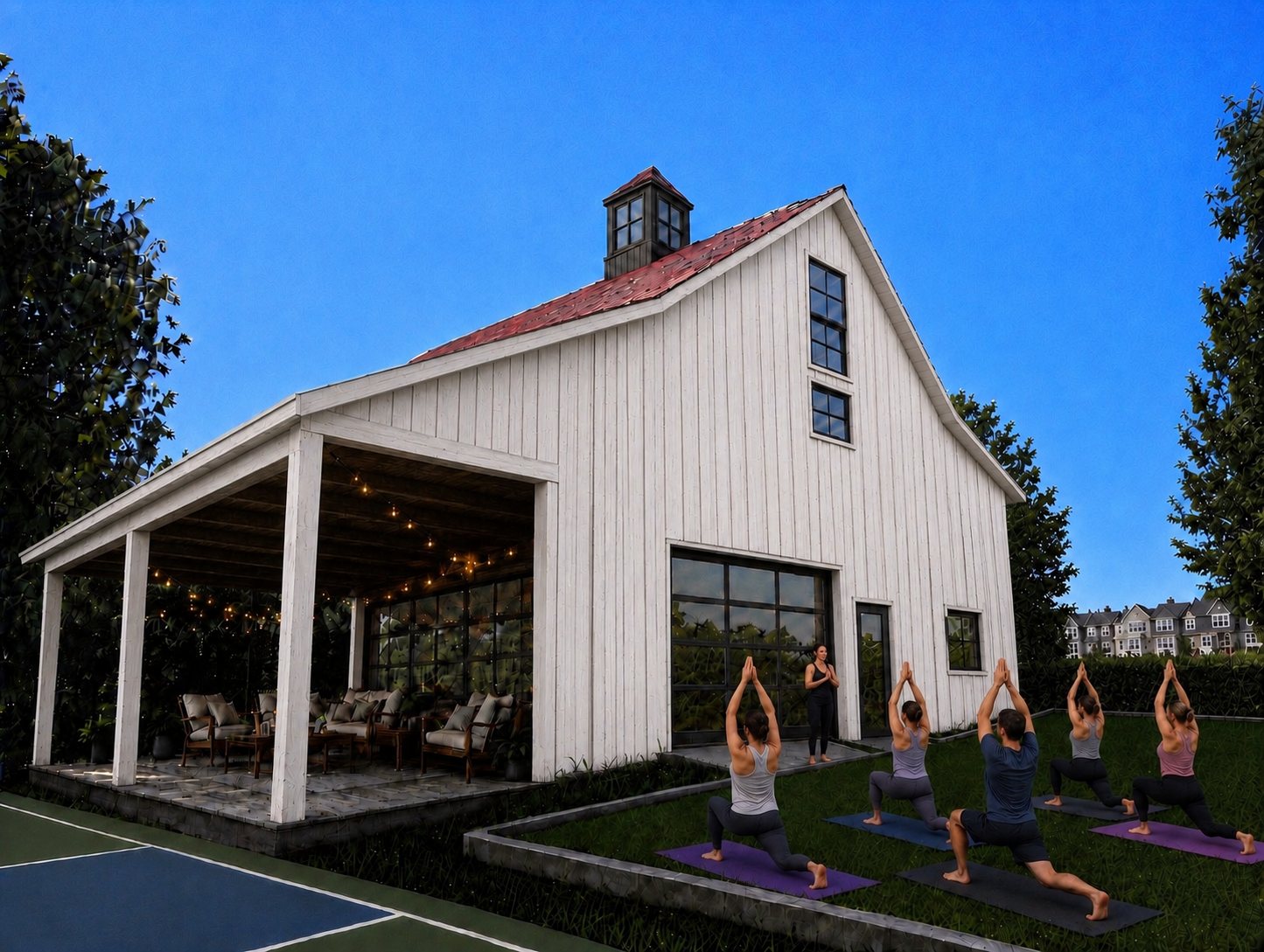 Conceptual white barn clubhouse with covered porch and outdoor yoga