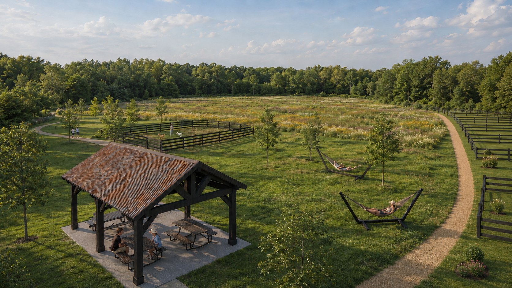 Conceptual Creekside Commons with pavilion, hammocks, native meadow, dog park, trails, and open green space