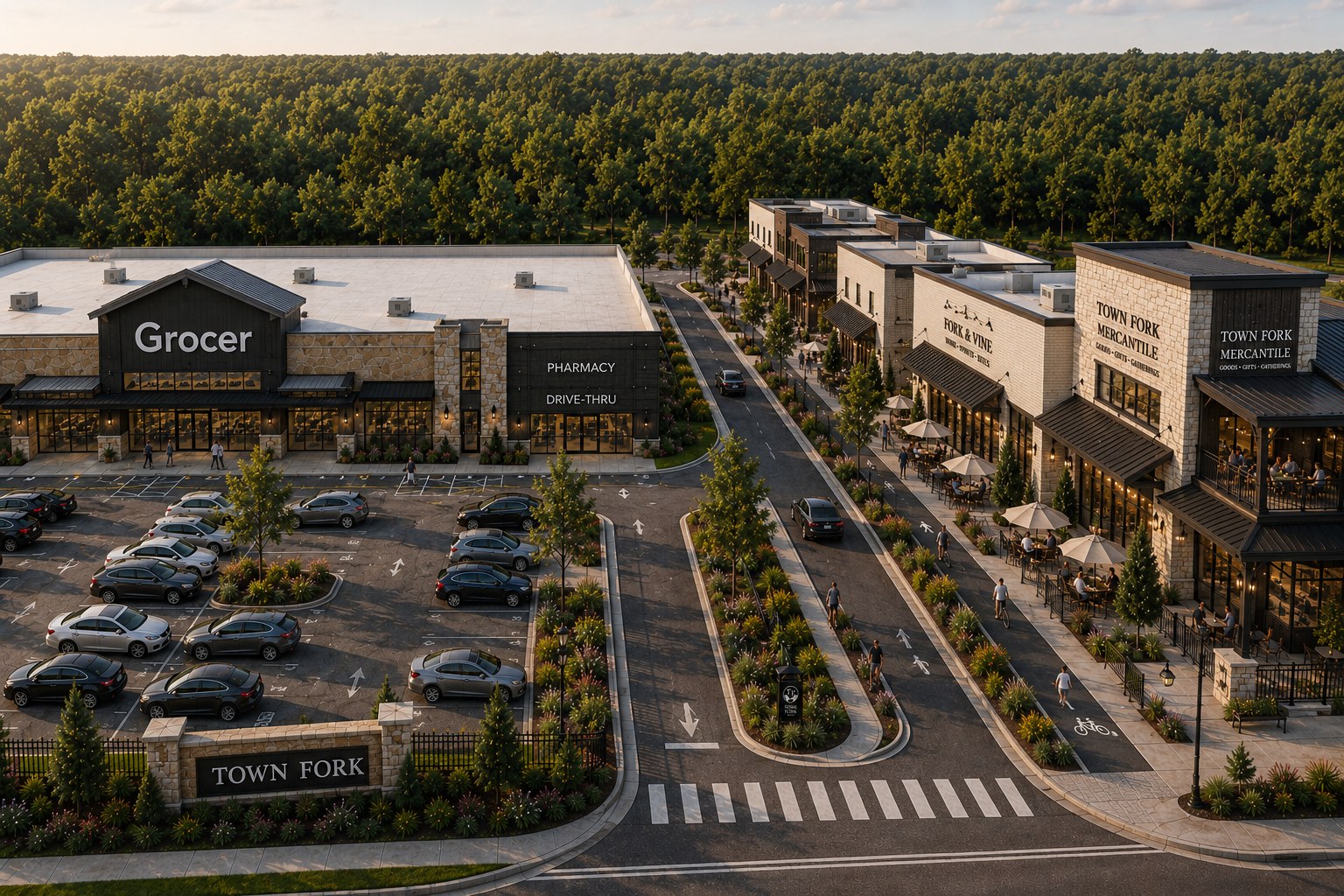 Conceptual aerial rendering of Town Fork Village with a grocery anchor, neighborhood businesses, internal streets, landscaping, and a multi-modal trail