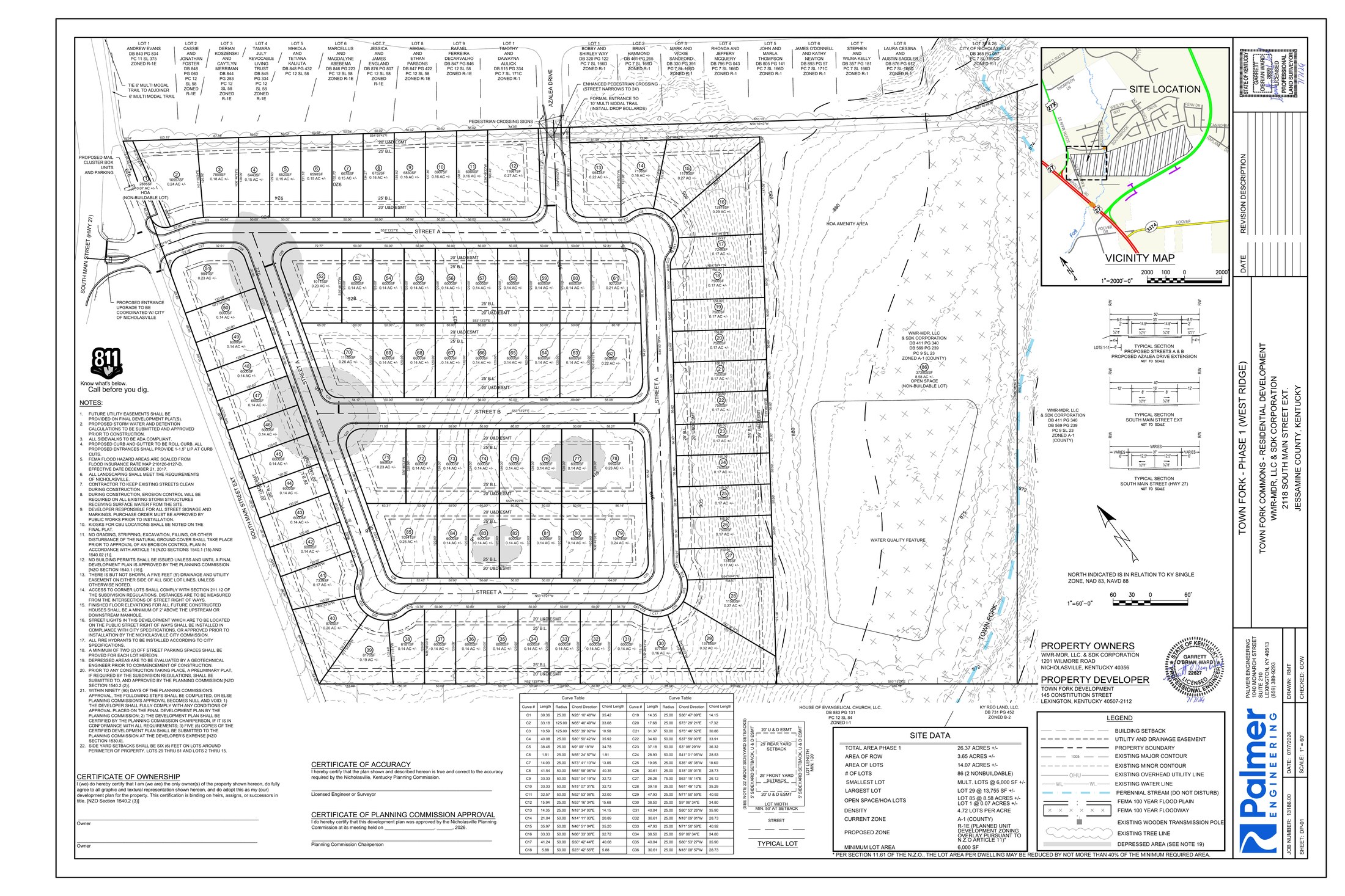 Phase 1 West Ridge final development plan showing proposed lots, streets, trails, open space, and pedestrian improvements