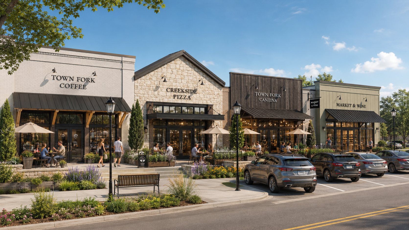 Conceptual one-story neighborhood commercial buildings in Town Fork Village